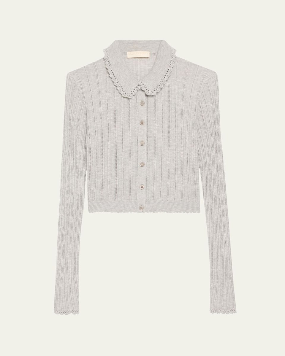 Lottie Collared Cropped Pointelle Knit Cardigan